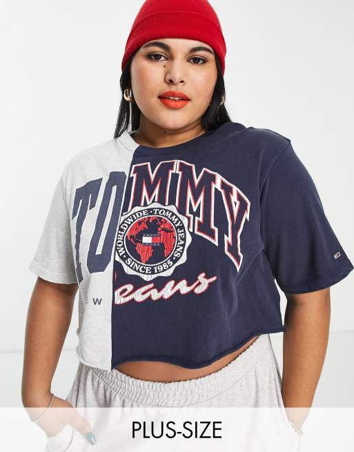 Tommy Jeans Plus - T-shirt crop top d'ensemble en coton bicolore à logo style universitaire - Bleu marine - NAVY