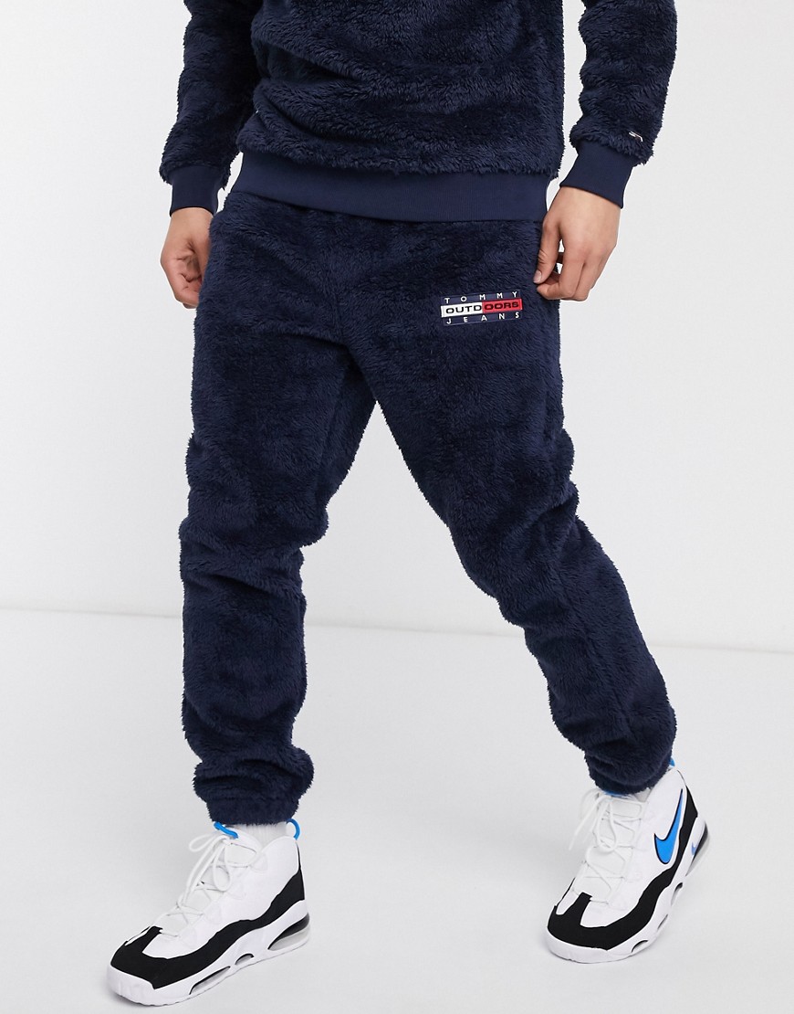 Tommy Jeans - Plush - Fleece joggingbroek met boord en vlaglogo in navy-Marineblauw