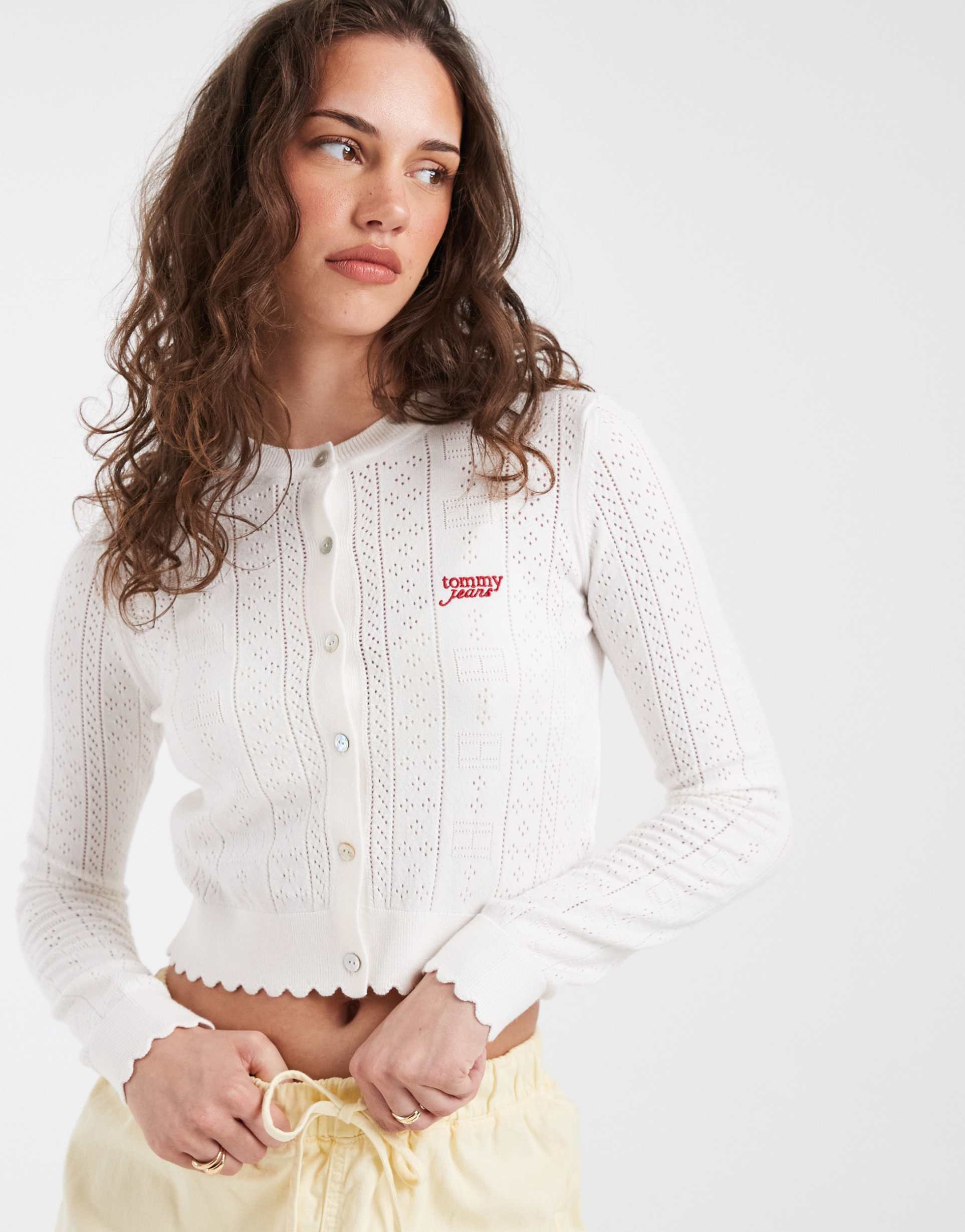 tommy jeans pointelle cardigan in white