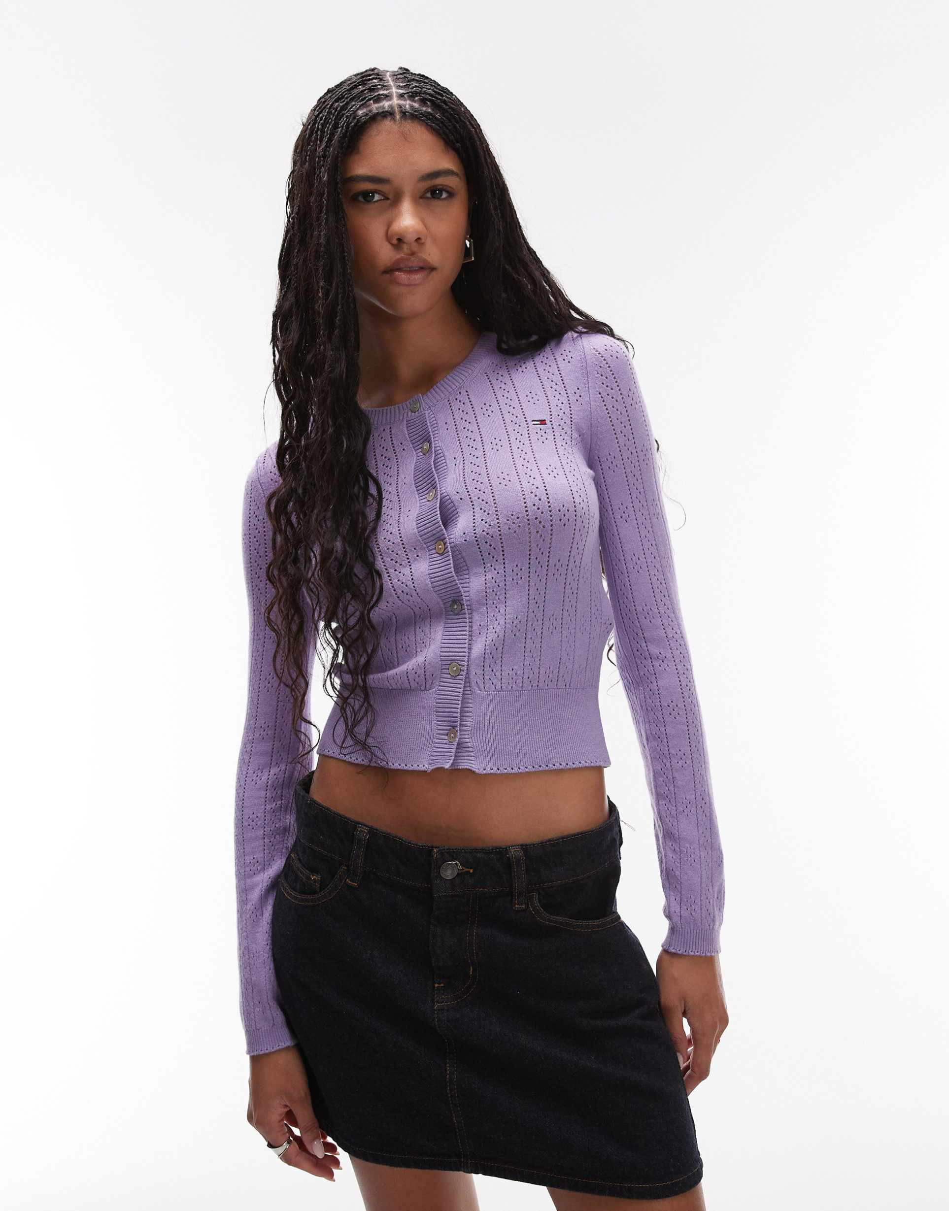 tommy jeans pointelle crew neck cardigan in lilac