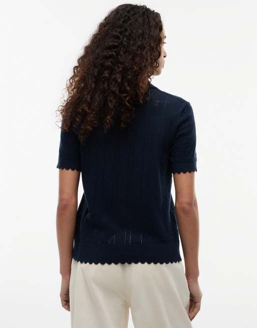 Tommy Jeans Pointelle flag short sleeve polo jumper in dark blue, 4 of 6