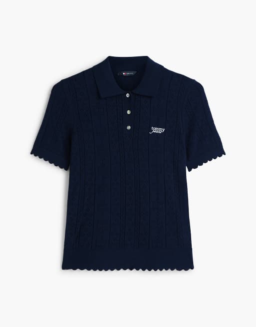 Tommy Jeans Pointelle flag short sleeve polo jumper in dark blue, 5 of 6