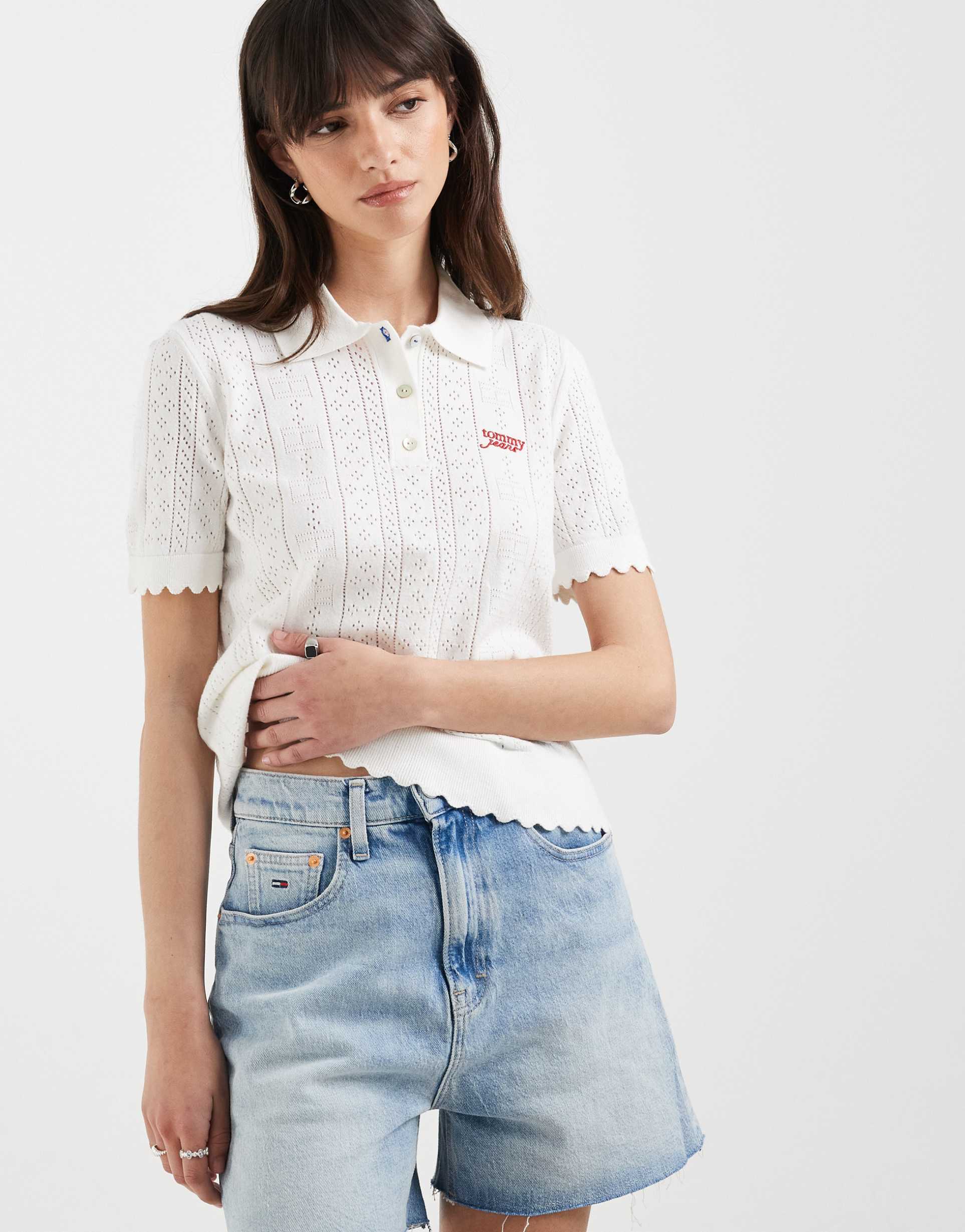 tommy jeans pointelle polo sweater in white