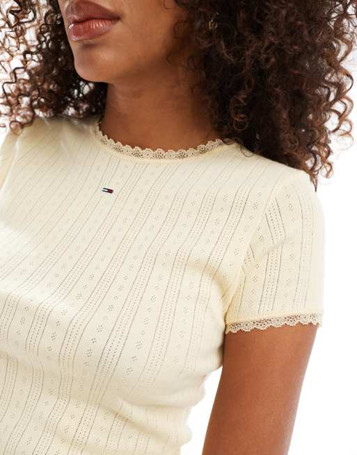 Tommy Jeans pointelle rib t-shirt in butter yellow, 2 of 4