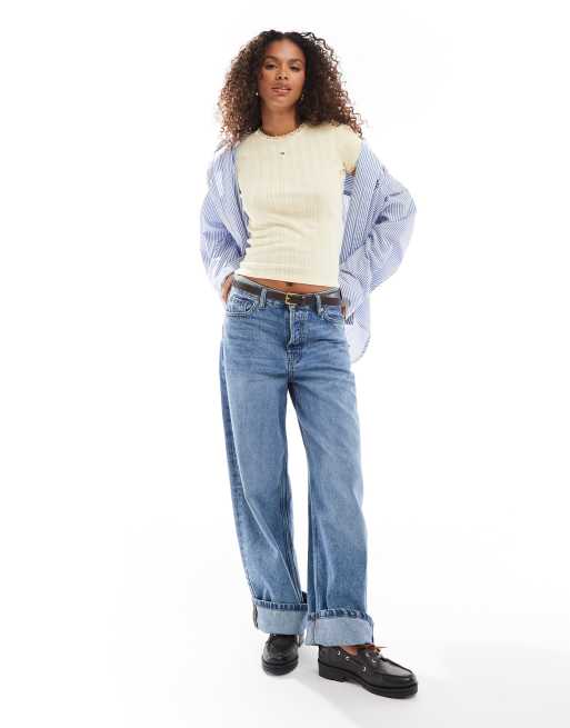 Tommy Jeans pointelle rib t-shirt in butter yellow, 4 of 4
