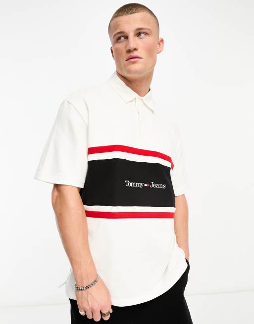 Tommy Jeans Polo a righe verticali bianca con logo lineare ASOS