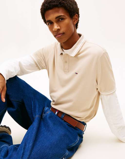 Tommy Jeans - Polo ajusté à liserés et logo drapeau brodé - Beige