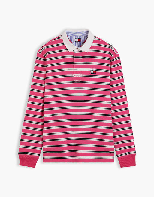 Tommy Jeans polo de rugby coupe décontractée à rayures rose vif avec badge, 5 de 6