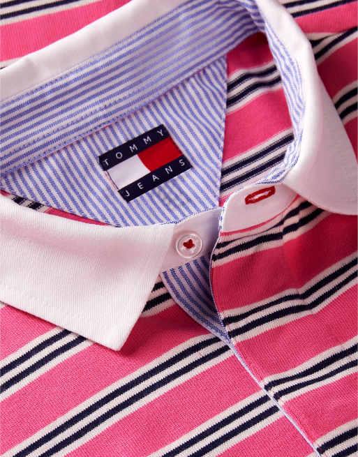 Tommy Jeans polo de rugby coupe décontractée à rayures rose vif avec badge, 6 de 6