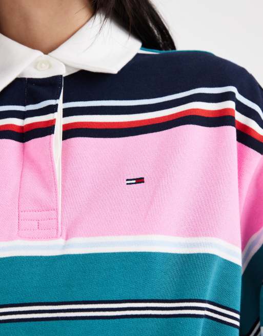 Tommy Jeans - Polo de rugby décontracté à rayures - Rose/vert, 3 de 4