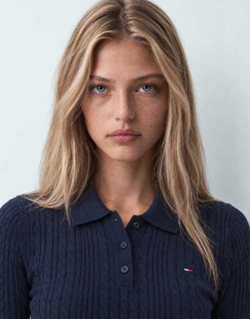 Tommy Jeans polo in maglia a micro treccia con logo flag blu navy, 6 di 9