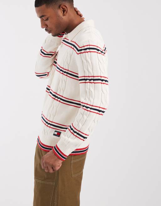 Tommy Jeans - Polo in maglia a trecce color crema/rosso a righe, 2 di 5