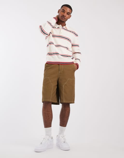 Tommy Jeans - Polo in maglia a trecce color crema/rosso a righe, 3 di 5