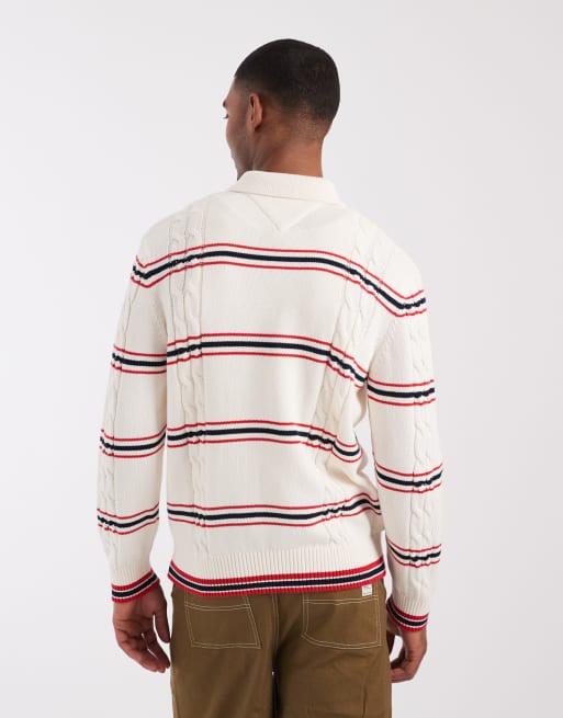 Tommy Jeans - Polo in maglia a trecce color crema/rosso a righe, 5 di 5