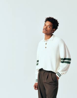 Tommy Jeans - Polo manches longues en maille style années 90- Crème-Blanc