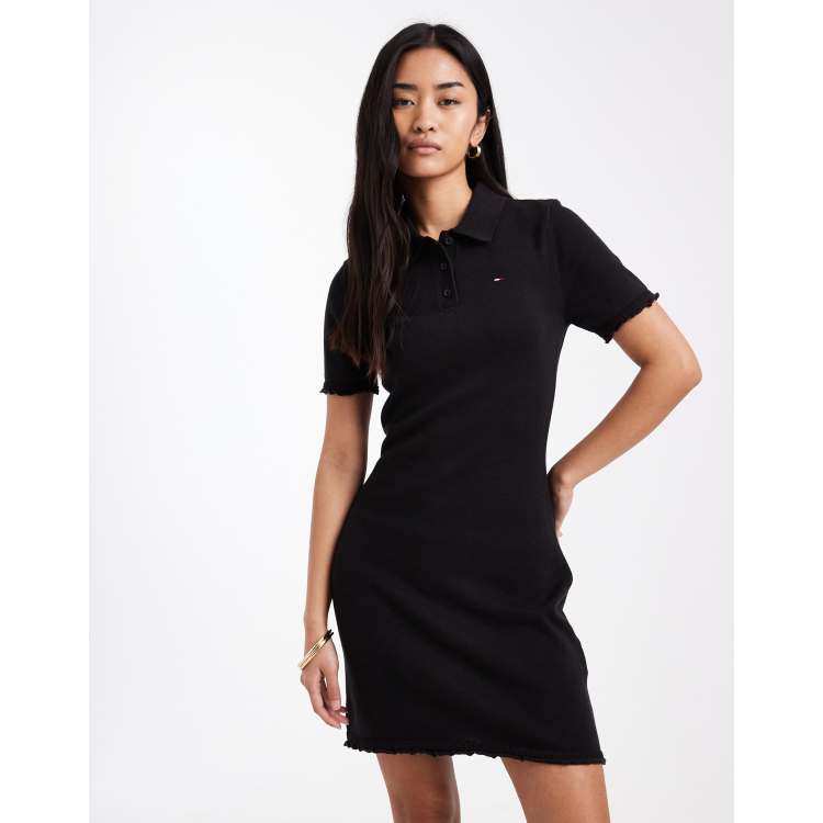 black polo mini dress Tommy Jeans polo mini dress with lettuce edge detail in black