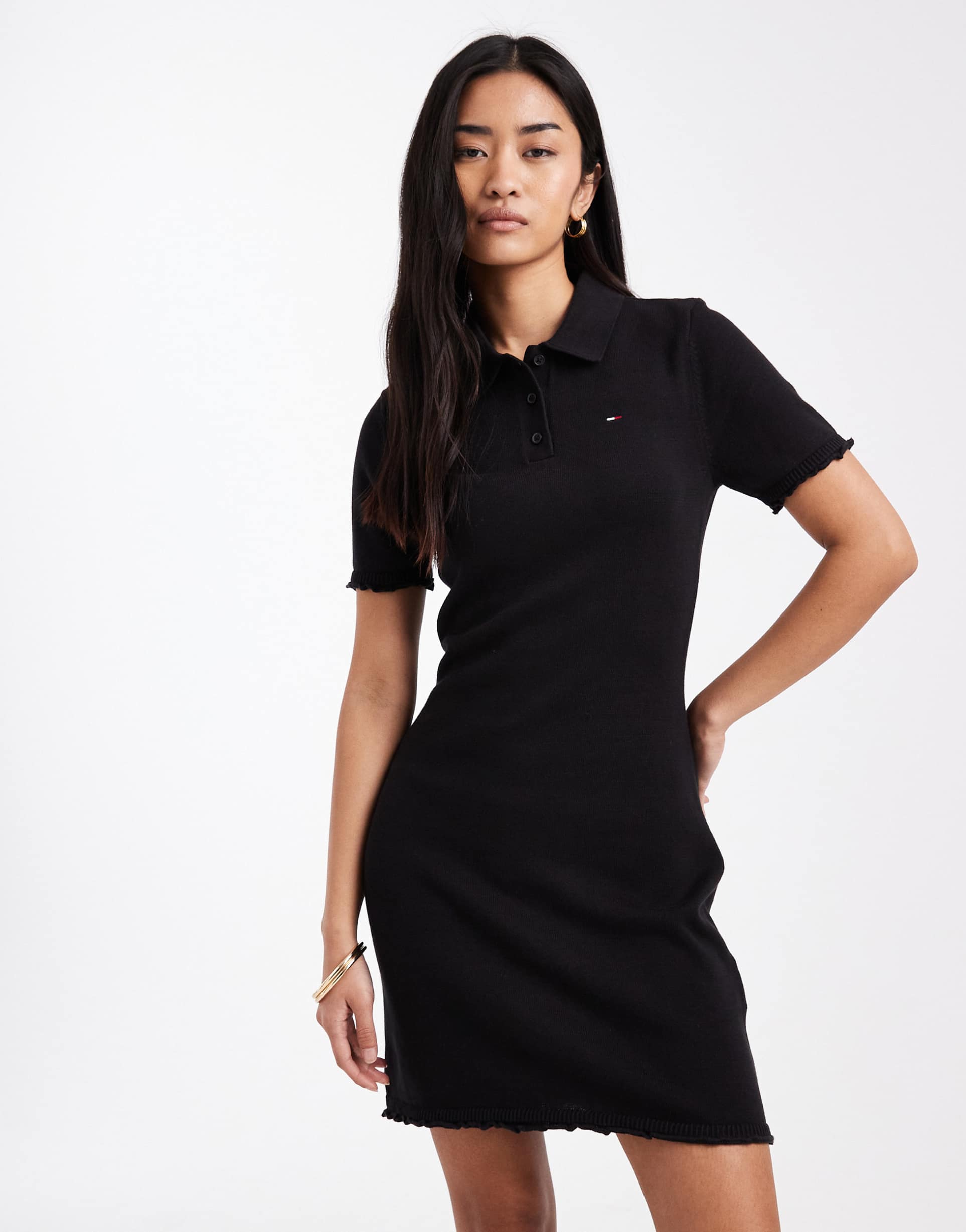 tommy jeans polo mini dress with lettuce edge detail in black