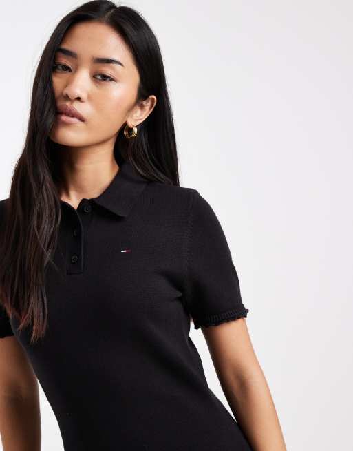 Tommy Jeans polo mini dress with lettuce edge detail in black, 3 of 4