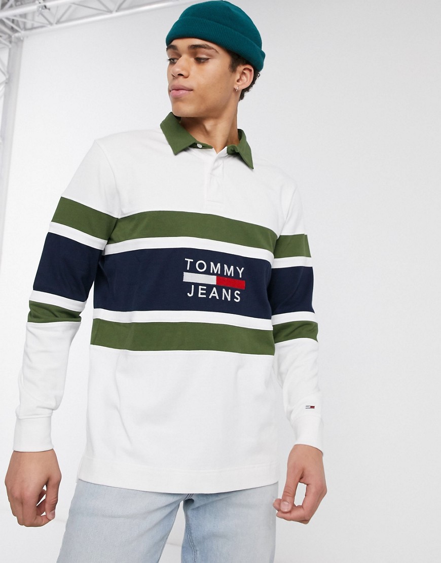Tommy Jeans - Polo stile rugby con logo e pannello a righe bianca-Bianco