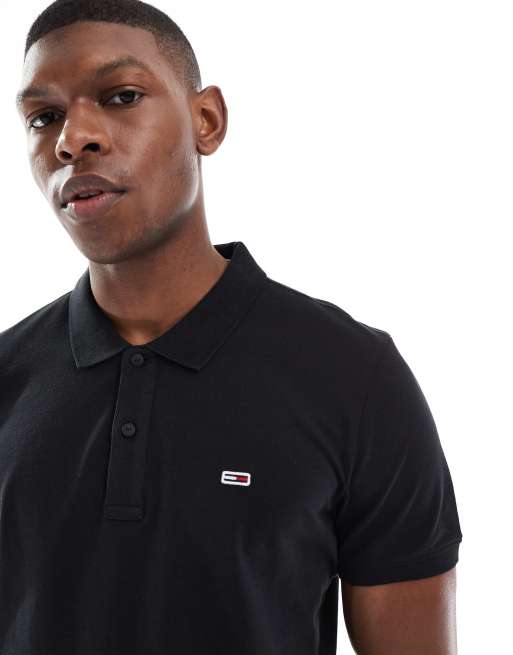 Tommy Jeans – Polohemd in Schwarz mit schmalem Schnitt und Knopfleiste