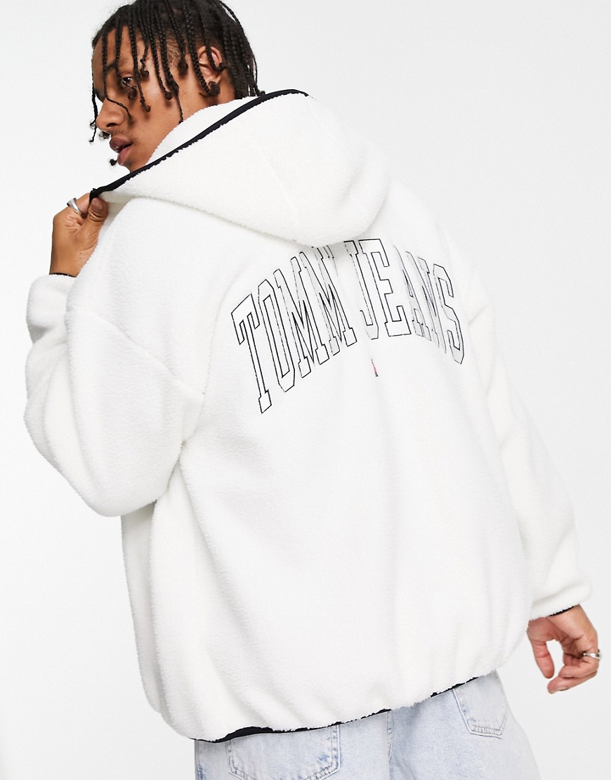 Tommy Jeans Polyester Blend Collegiate Back Logo Borg Sherpa Full Zip Hoodie In Off White