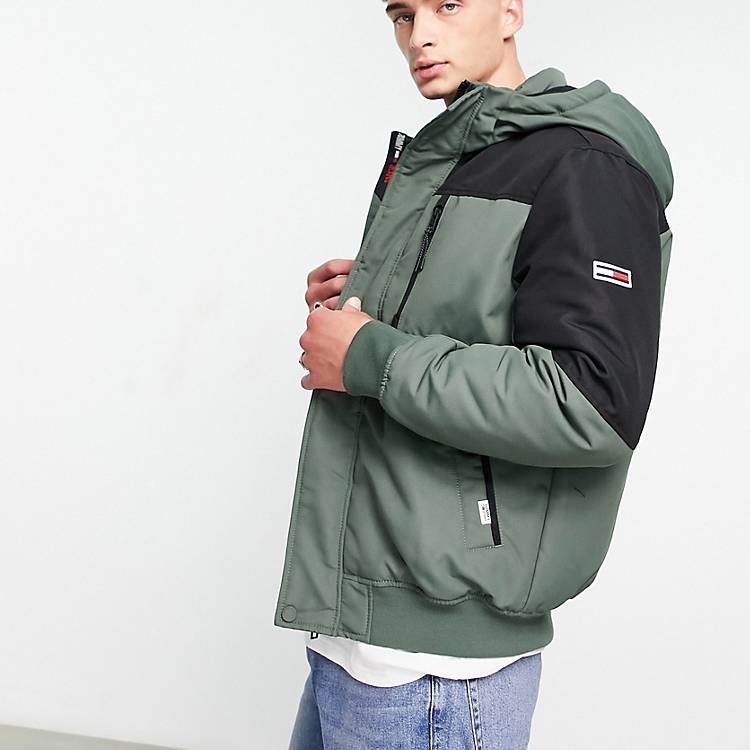 Tommy Jeans polyester color block hooded tech bomber jacket in green