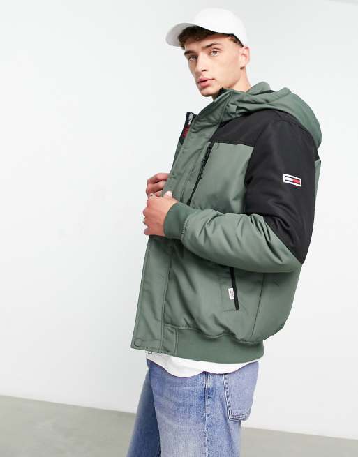 Tommy Jeans polyester color block hooded tech bomber jacket in green