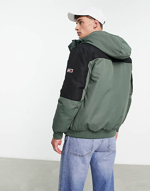 Pind Anonym korrekt Tommy Jeans polyester color block hooded tech bomber jacket in green | ASOS