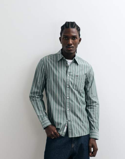 Tommy Jeans poplin shirt in dark green striped print, 2 of 5