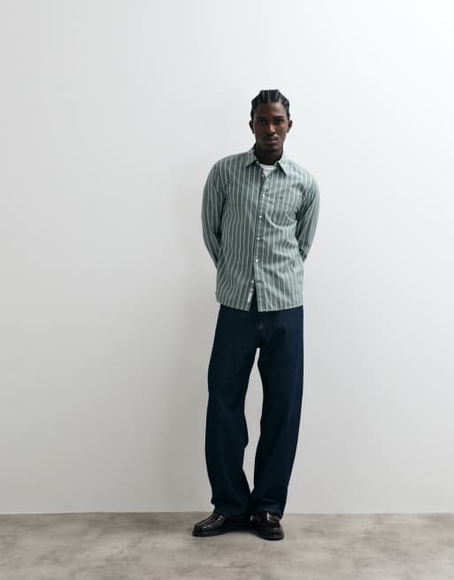 Tommy Jeans poplin shirt in dark green striped print, 3 of 5