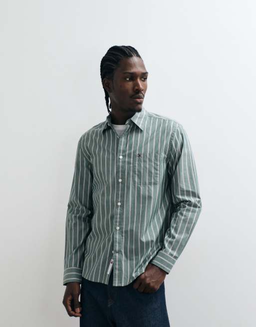 Tommy Jeans poplin shirt in dark green striped print, 5 of 5