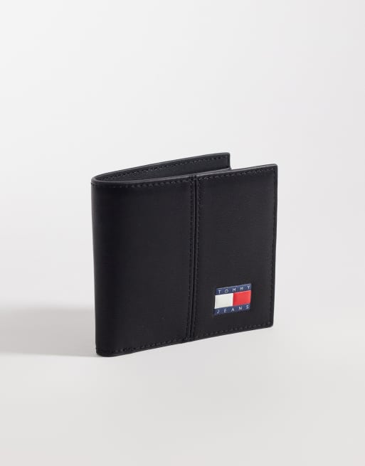 Tommy Jeans - Portafoglio in pelle nera con logo heritage e tasca portamonete