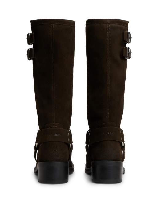 Tommy Jeans premium brushed suede biker boots with buckle detail in dark brown, 3 of 3
