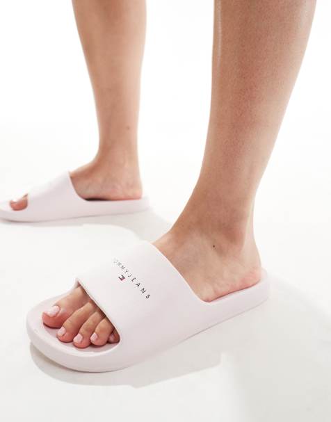 Tommy Jeans printed PU pool sliders in white - view 1