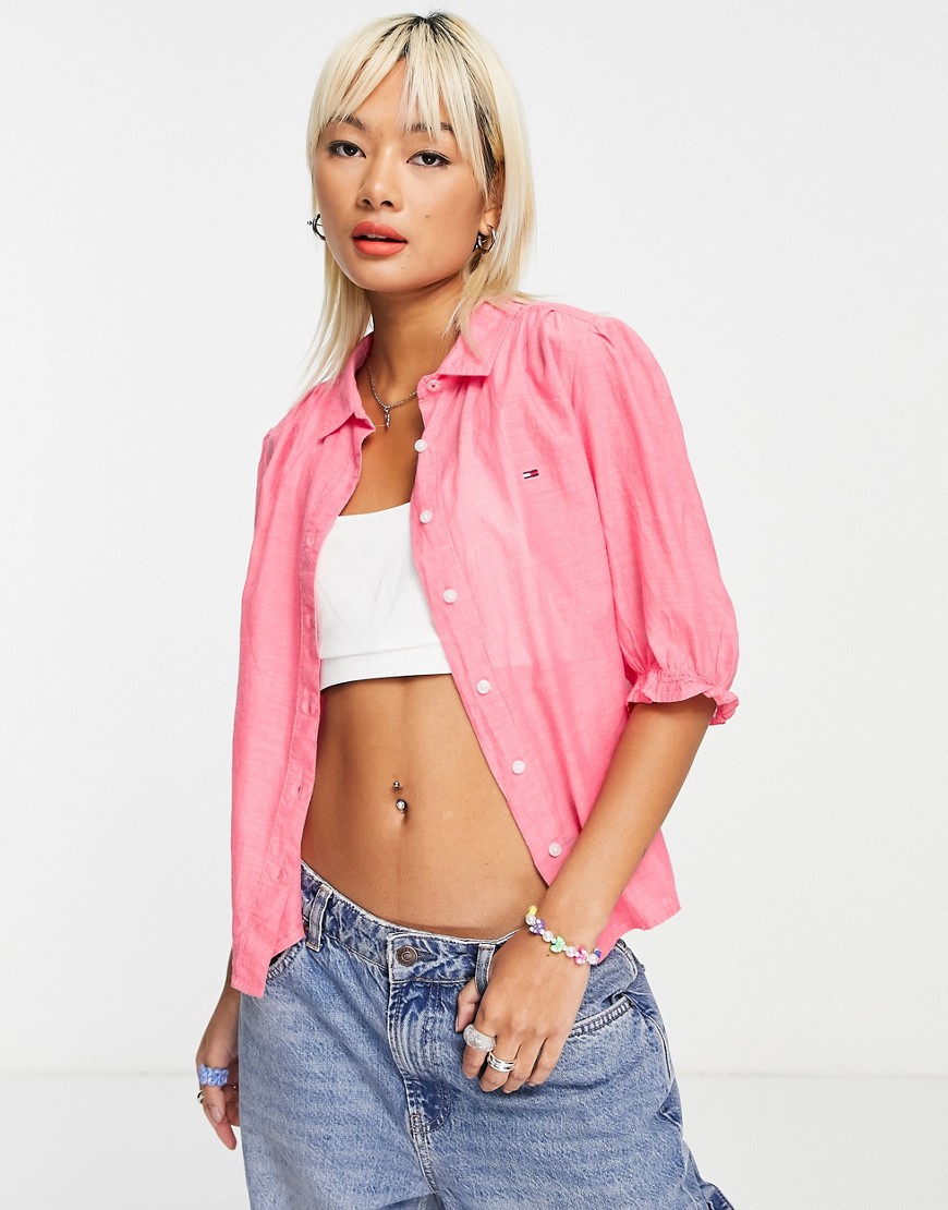 Tommy Jeans puff sleeve logo shirt in pink | Smart Closet