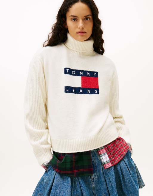 Tommy Jeans - Pull à col roulé en maille intarsia coupe décontractée avec drapeau Tommy - Beige