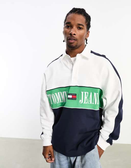 Tommy Jeans Pull col style rugby Blanc et bleu marine