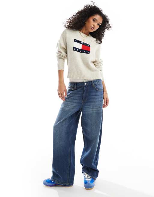 Tommy Jeans Pull a motif drapeau Blanc casse chine ASOS