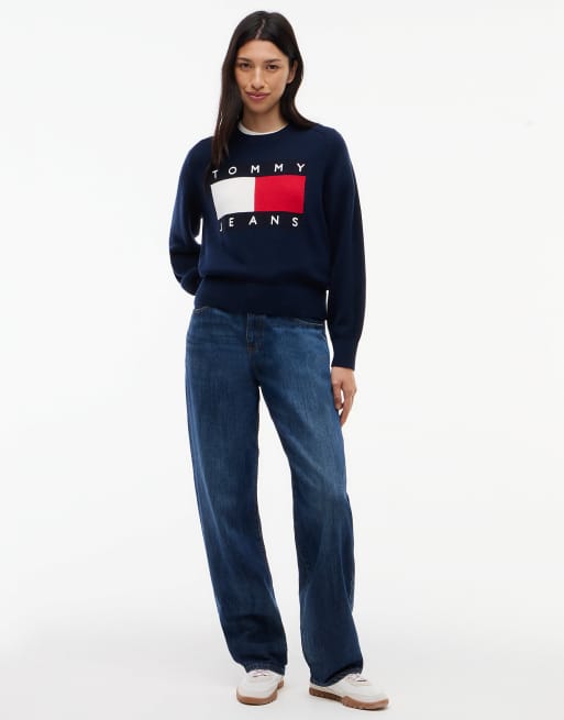 Tommy Jeans pull col rond ample Tommy flag en bleu foncé, 2 de 6
