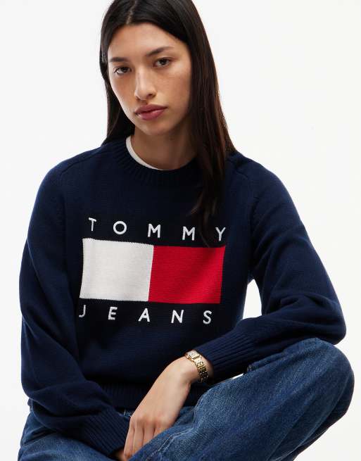 Tommy Jeans pull col rond ample Tommy flag en bleu foncé, 3 de 6