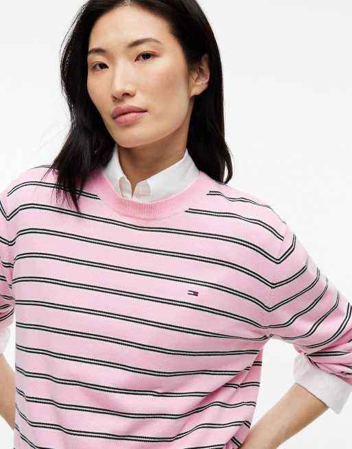 Tommy Jeans pull coupe carrée à col rond en rose sugar / rayures, 3 de 6