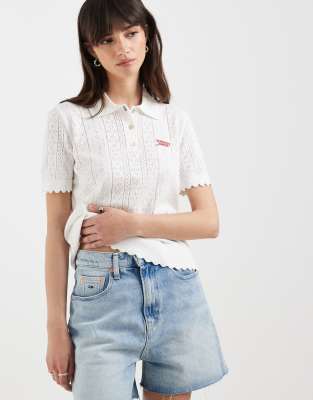 Pull en maille pointelle à col polo - Blanc XS