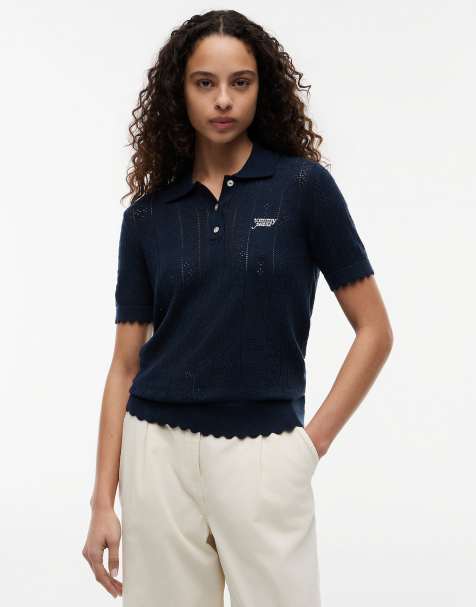 Tommy Jeans - Pull en maille pointelle à manches courtes et col polo - Bleu foncé - view 1