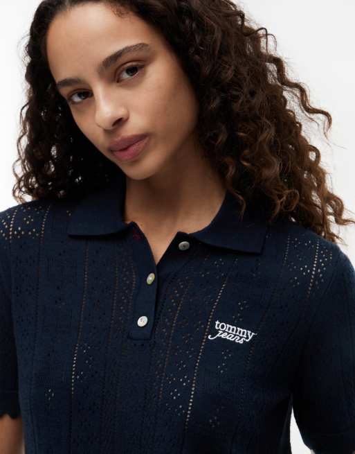 Tommy Jeans - Pull en maille pointelle à manches courtes et col polo - Bleu foncé, 3 de 6