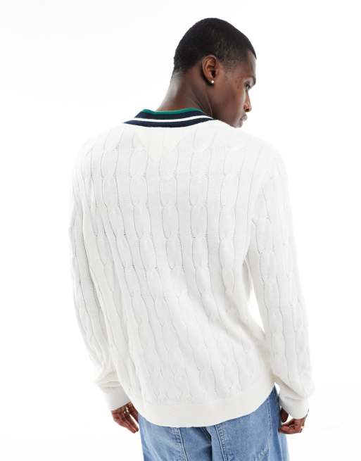 Tommy Jeans - Pull en maille torsadée à col en V coupe classique - Blanc, 4 de 4