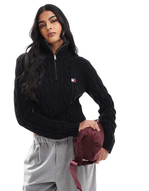 Tommy Jeans - Pull en maille torsadée à col zippé - Noir - view 1