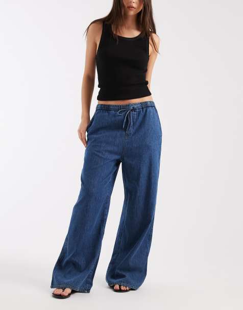 Tommy Jeans pull on chambray pants in mid wash blue - view 1