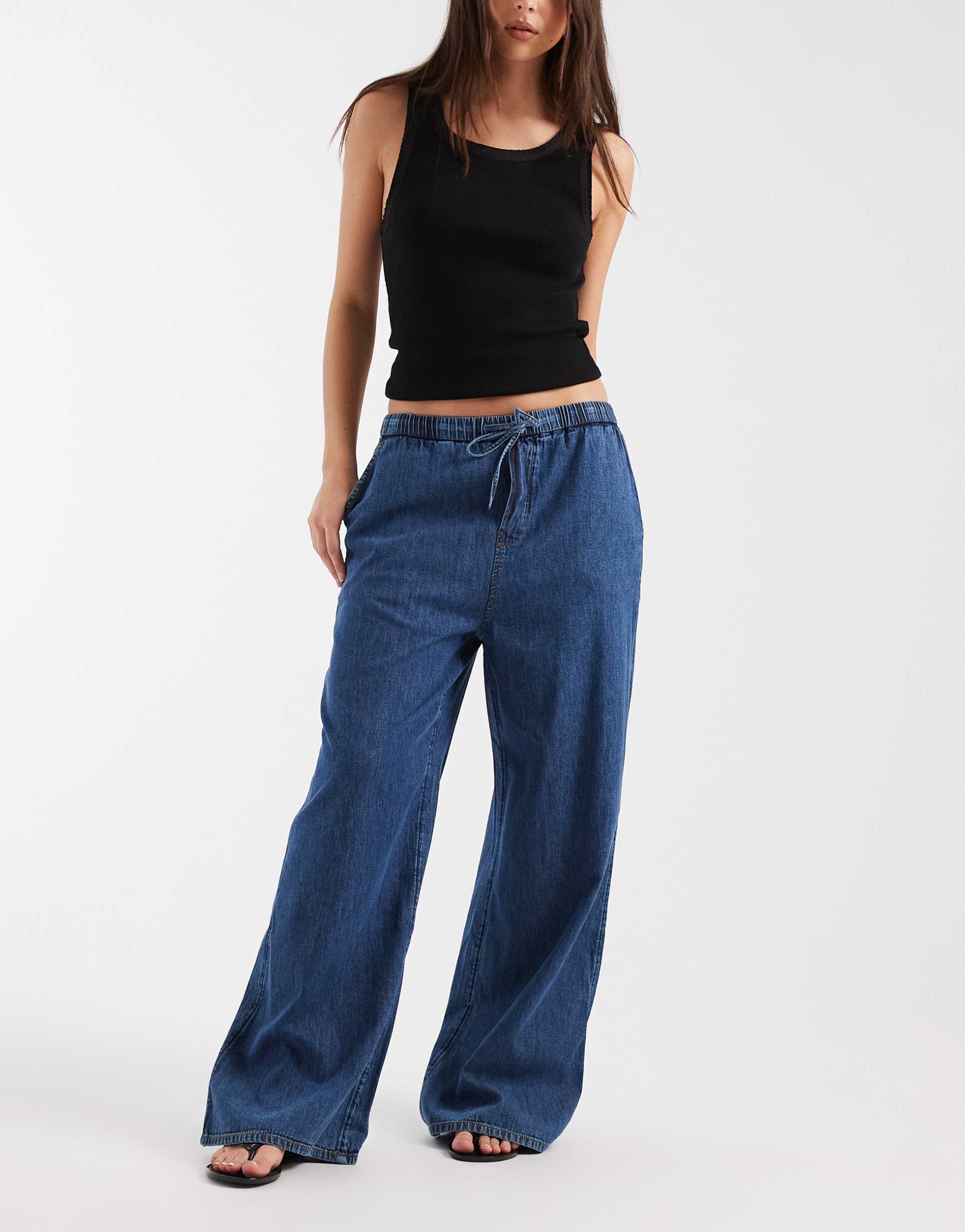 tommy jeans pull on chambray pants in mid wash blue