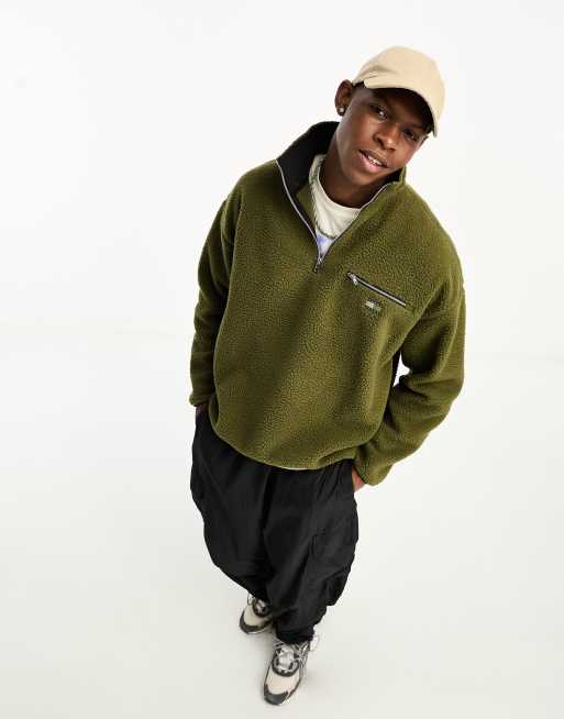 Tommy Jeans - Pull oversize en imitation peau de mouton à col zippé - Vert olive