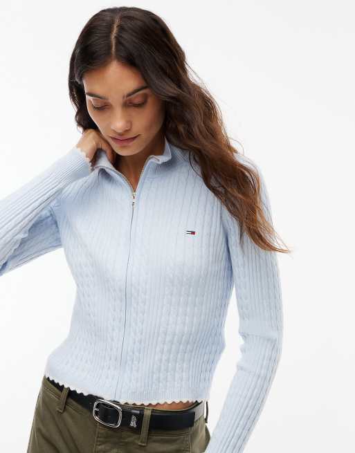 Tommy Jeans pull slim zippé en tricot torsadé fin bleu translucide, 3 de 5